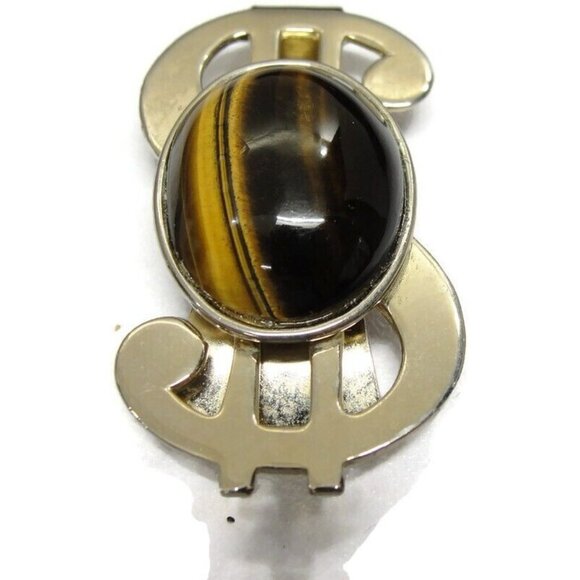 Dollar Sign Money Clip Imitation Tiger Eye Stainless Steel Cash ID Holder - Picture 2 of 10
